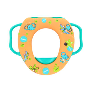 Reductor de inodoro esponjoso de color amarillo con asas a los costados para asirse mejor.