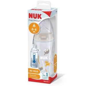 Mamadera First Choice Nuk 300ml con Tetina de Silicona M Gris 0 a 6 Meses – Con Control de Temperatura