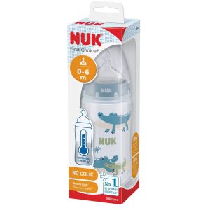 Mamadera First Choice Nuk 300ml con Tetina de Silicona M B Azul 0 a 6 Meses – Con Control de Temperatura