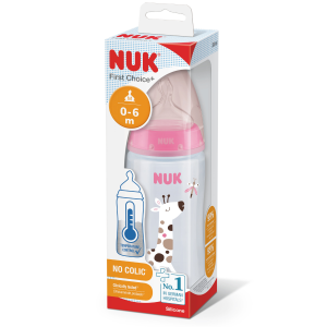 Mamadera First Choice Nuk 300ml con Tetina de Silicona M Rosada 0 a 6 Meses – Con Control de Temperatura