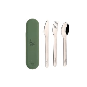 Juego de Cubiertos de Acero Inoxidable con Estuche de Silicona Citron Dinosaurio Verde +3 años - Incluye 3 piezas