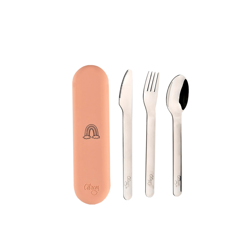 Juego de Cubiertos de Acero Inoxidable con Estuche de Silicona Citron Unicornio Rosa +3 años - Incluye 3 piezas