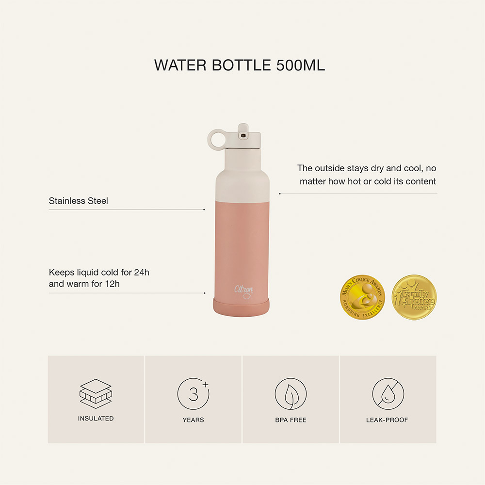 Botella Térmica de Acero Inoxidable 500ml Citron Rosa +1 año – Incluye 1 cepillo de Limpieza, 1 Protector de Silicona, 1 Tapa de Bambú, 1 Tapa con Pajita y 1 Pajita adicional - Imagen 3